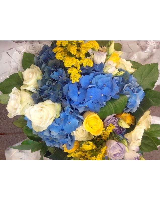 bouquet rond jaune et bleu